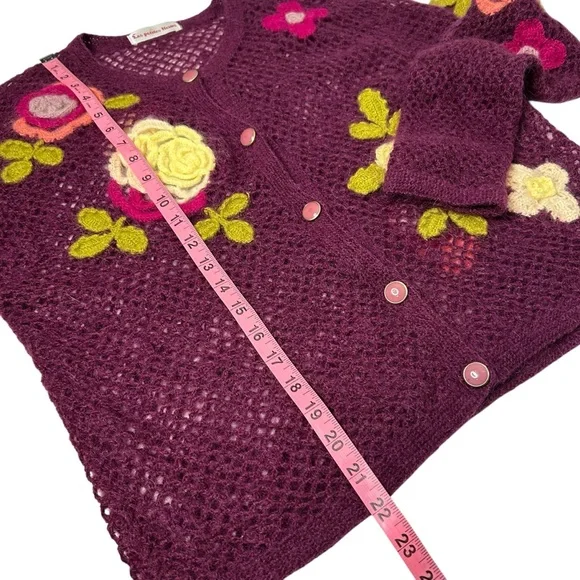 Vintage Crochet Floral Cardigan Purple Appliqué Boho Cottagecore Sz M - Picture 12 of 13